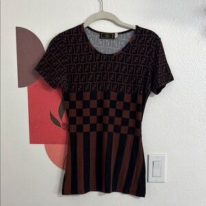 Fendi Women's Black and Brown Patterned Logo top